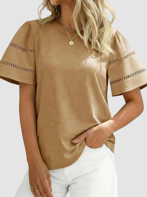 Round Neck Double Hollow Stripe Puff Short Sleeve Loose Basic Tee
