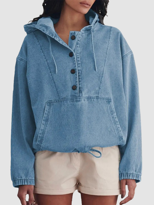 Stylish Drawstring Hooded Half-Button Denim Pullover