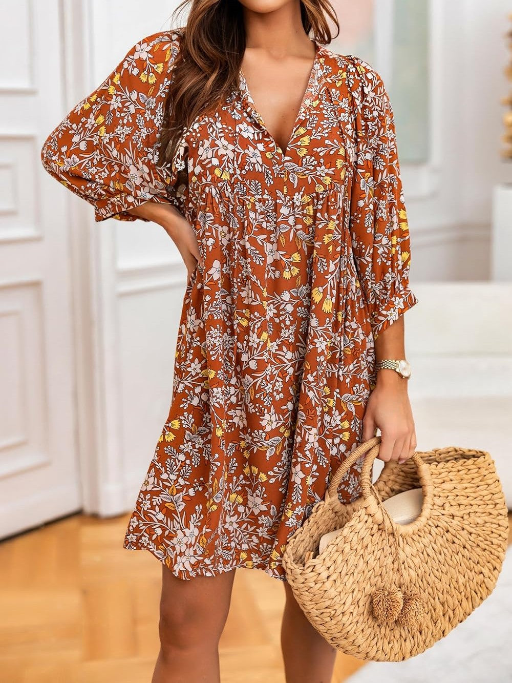 Women's V Neck Half Sleeve Floral Tunic Short Dress