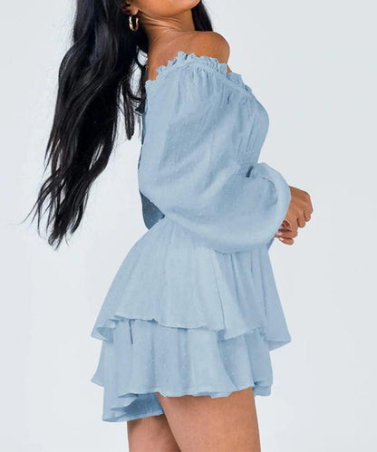 ✨Women's Off-the-shoulder Lantern Sleeves Ruffled Hem Mini Romper