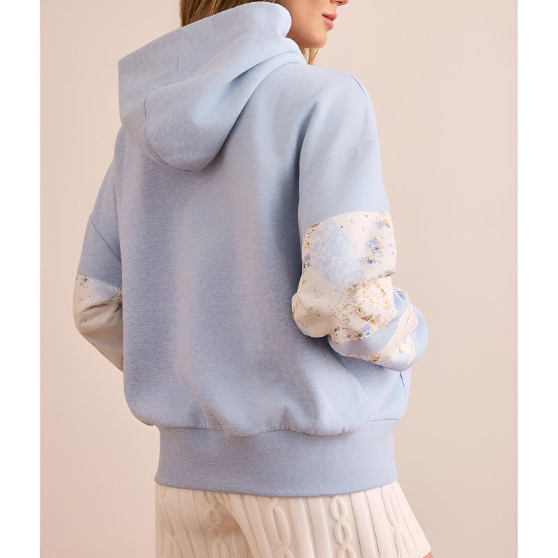 Womens Hooded Sweatshirt Long Sleeve Floral Print Patchwork Casual Loose Fit Tops
