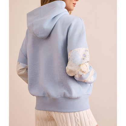 Womens Hooded Sweatshirt Long Sleeve Floral Print Patchwork Casual Loose Fit Tops
