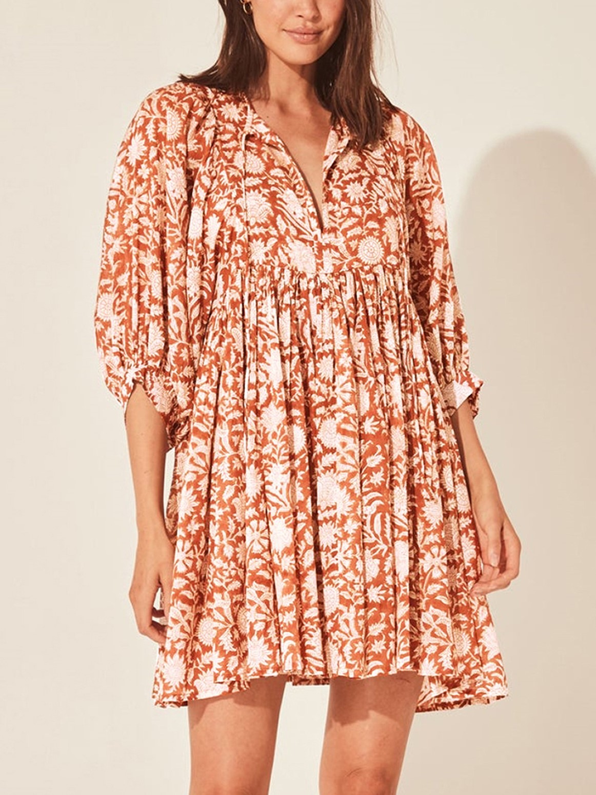 Women's V Neck Half Sleeve Floral Tunic Short Dress