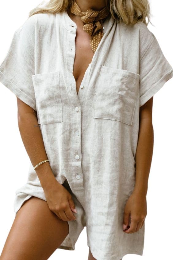 Women Summer Shorts Romper Button Down Wide Leg