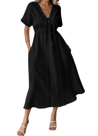 Women's Summer Solid Color V-Neck Cotton Dress