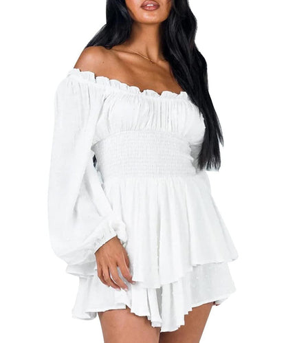 ✨Women's Off-the-shoulder Lantern Sleeves Ruffled Hem Mini Romper