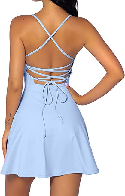 Womens Two Pieces Fitness Dress Open Back
