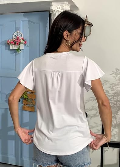 ✨Women's V Neck Ruffle Sleeve Tunic Short Sleeve Blouse Flutter Sleeve Tops