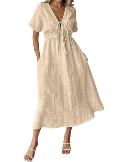 Women's Summer Solid Color V-Neck Cotton Dress