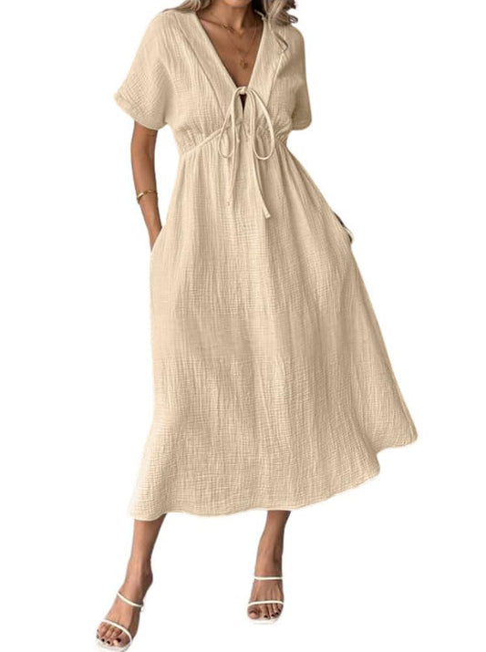 Women's Summer Solid Color V-Neck Cotton Dress
