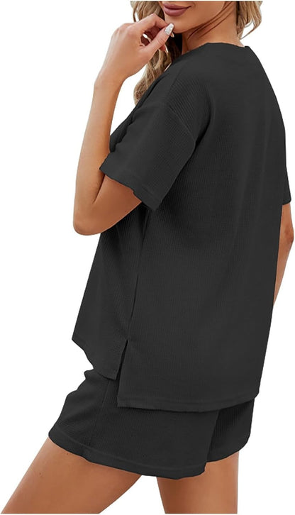 Women's Waffle Short Sleeve Button Top with Shorts Lounge Sets