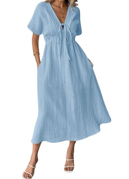 Women's Summer Solid Color V-Neck Cotton Dress