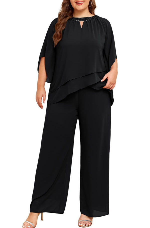 Half Sleeve Chiffon 2-Piece Pant Suit