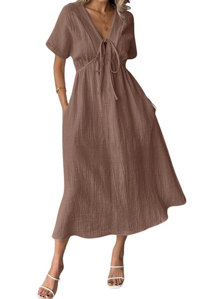 Women's Summer Solid Color V-Neck Cotton Dress