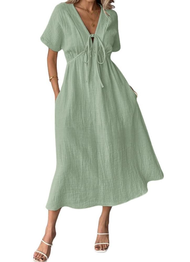 Women's Summer Solid Color V-Neck Cotton Dress