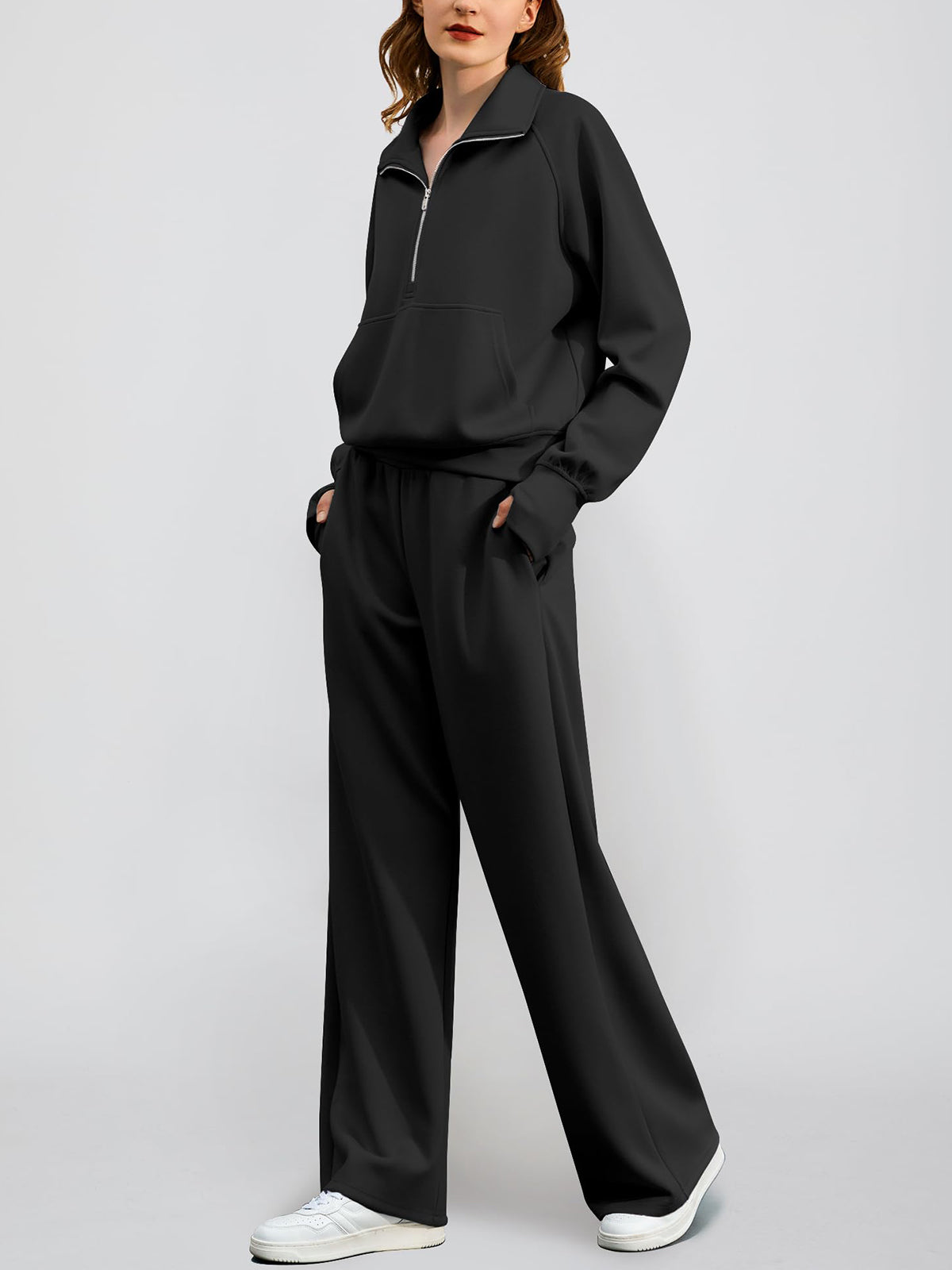 Women's Oversized Half Zip Wide Leg 2 Piece Outfits Lounge Set