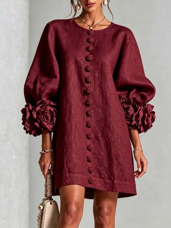 Women's Elegant Floral Cuff Puff Sleeve Linen Mini Dress
