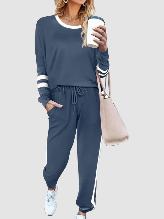 Women's Solid Long Sleeve Round Neck Pulloever Top Drawstring Pants Set