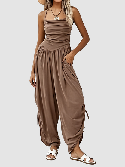 Women Halter Square Neck Sleeveless Ruched Barrel Wide Leg Side Cinch Jumpsuit
