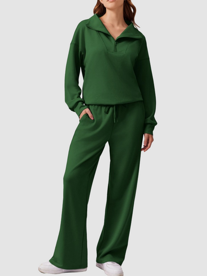 Women Oversized Half‑Zip Pullover & Elastic Drawstring Wide Leg Sweatpants 2‑Piece Outfit
