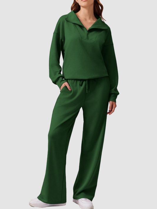 Women Oversized Half‑Zip Pullover & Elastic Drawstring Wide Leg Sweatpants 2‑Piece Outfit