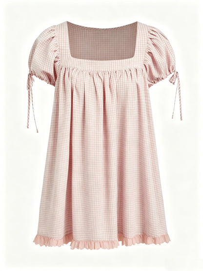 Sweet square neckline, ruffled chest, puff sleeves, adjustable silhouette, casual long shirt