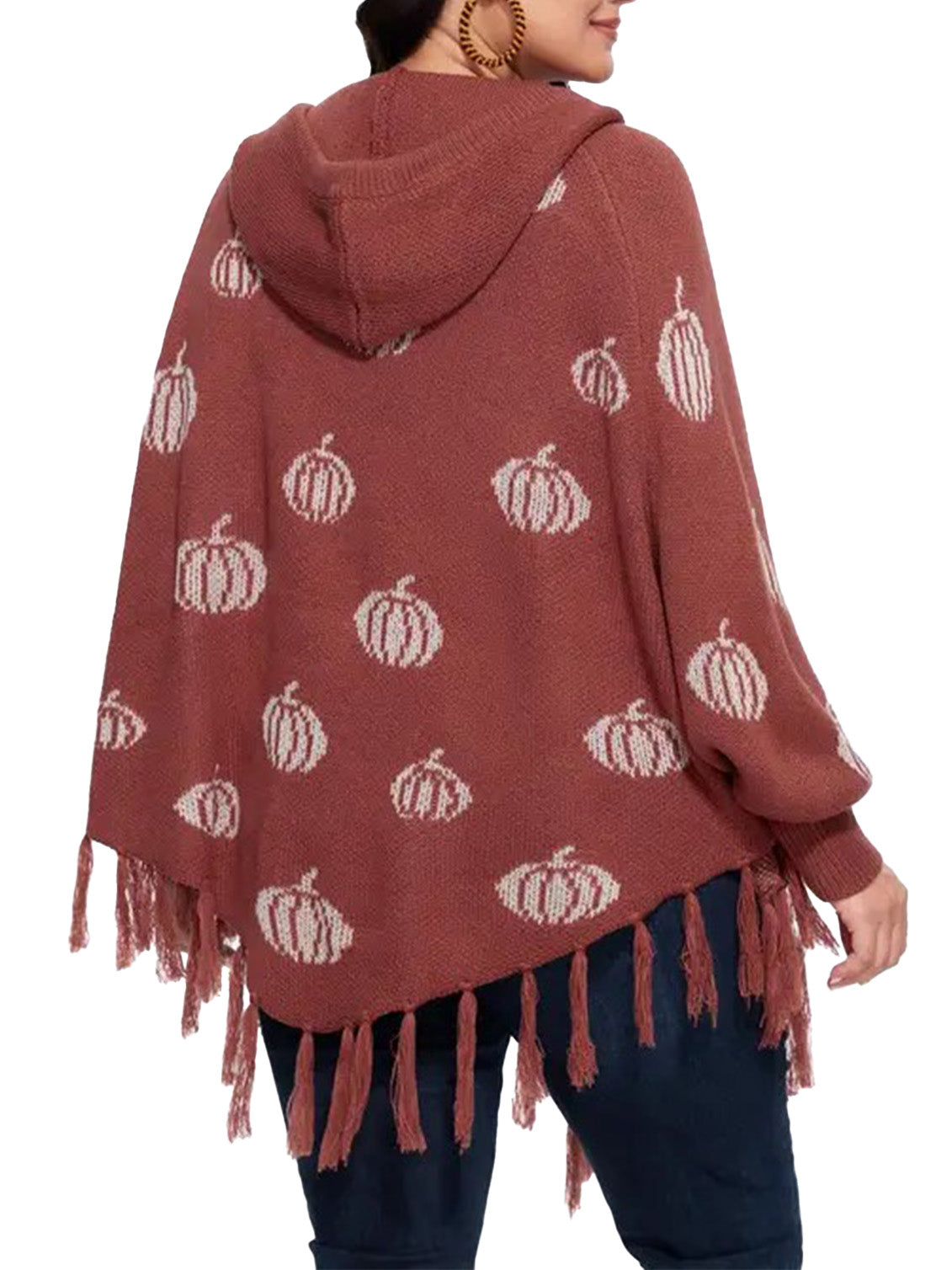 Women Halloween Pumpkin Hooded Poncho with Tassel Hem