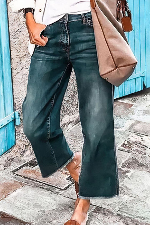 Washed Raw Hem Mid Waist Straight Leg Jeans