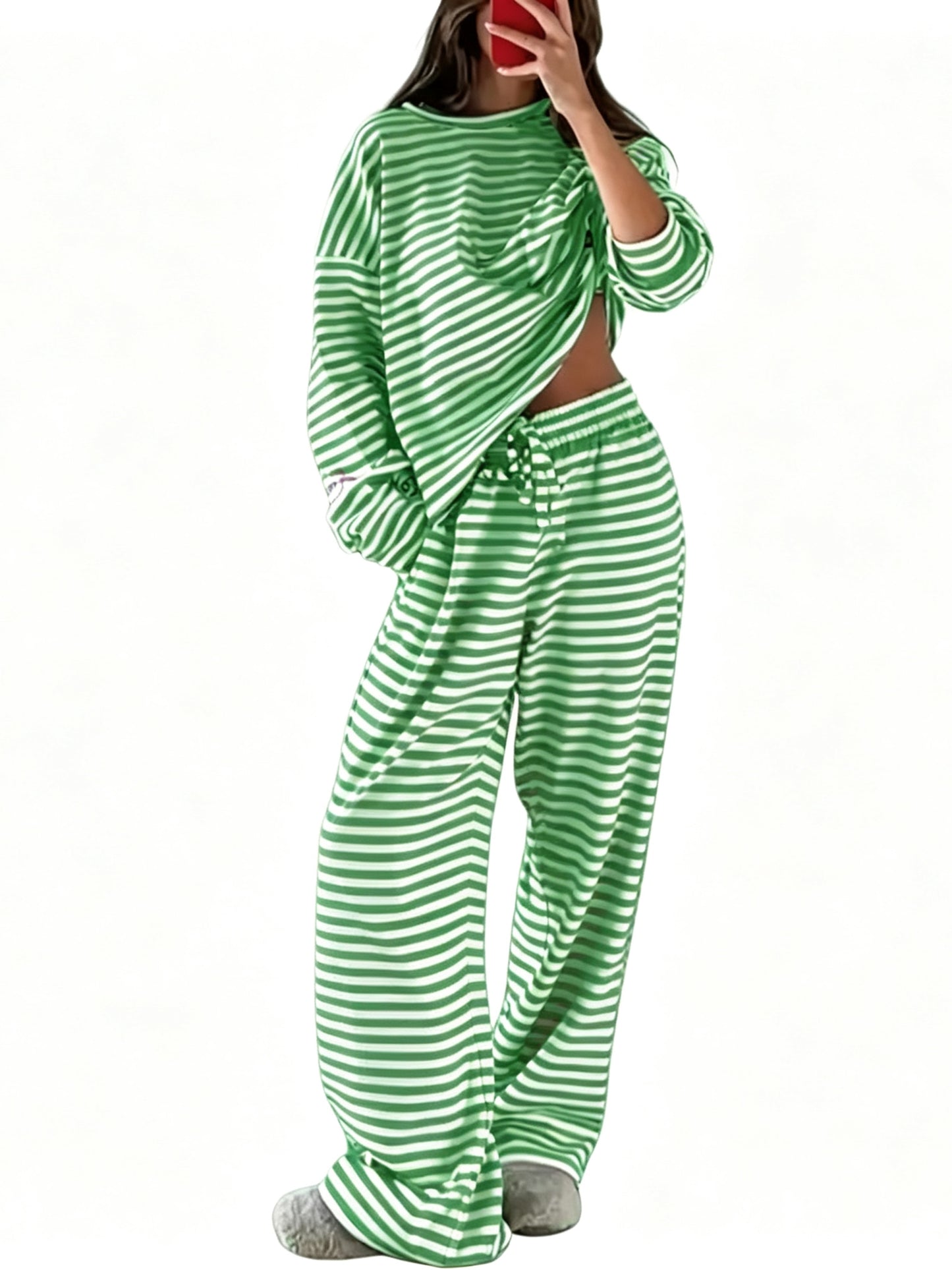 Women Striped 2 Piece Loungewear Set Crew Neck Top Wide Leg Pants