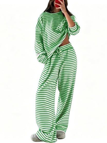 Women Striped 2 Piece Loungewear Set Crew Neck Top Wide Leg Pants