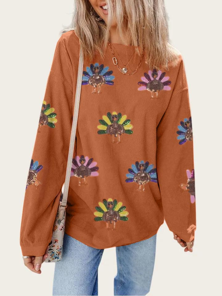 Women's Sequin Turkey Patch Thanksgiving Corduroy Sweatshirt