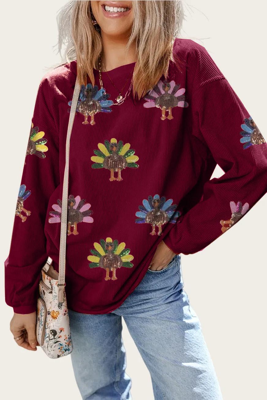Women's Sequin Turkey Patch Thanksgiving Corduroy Sweatshirt