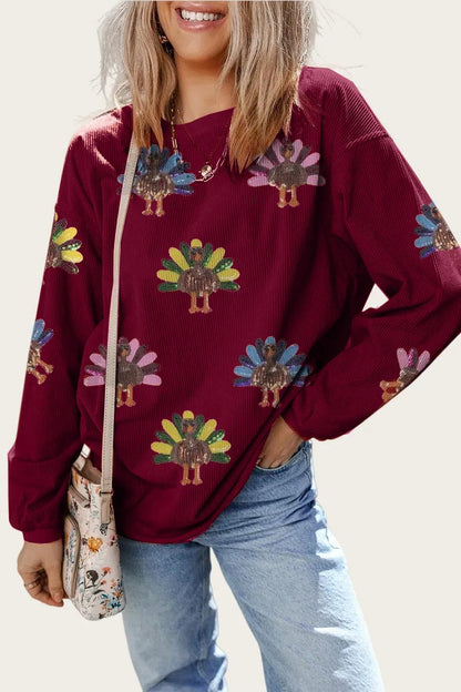 Women's Sequin Turkey Patch Thanksgiving Corduroy Sweatshirt
