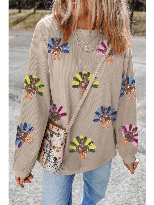 Women's Sequin Turkey Patch Thanksgiving Corduroy Sweatshirt