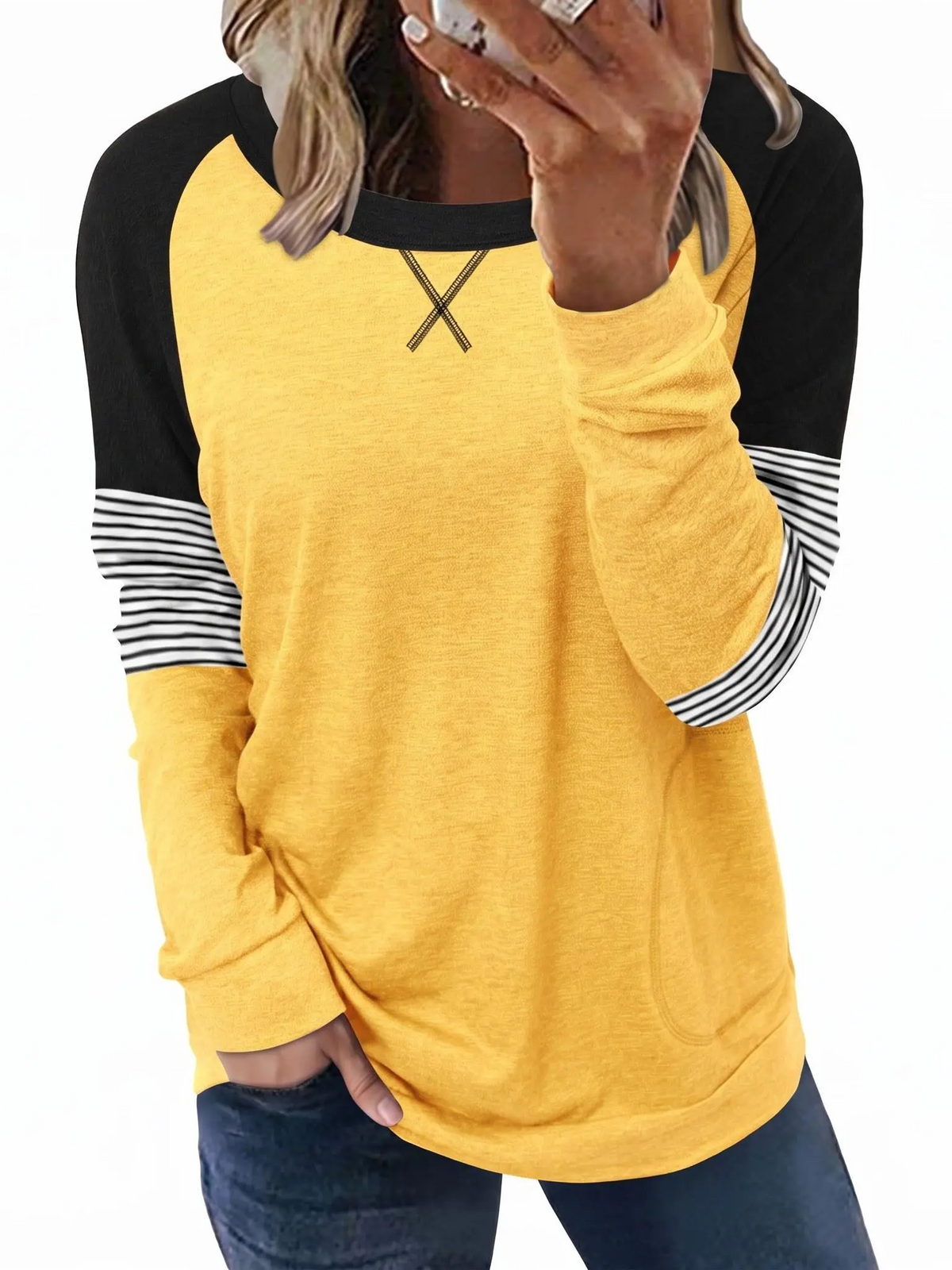 Women Color Block Raglan Long Sleeve Top With Side Pocket