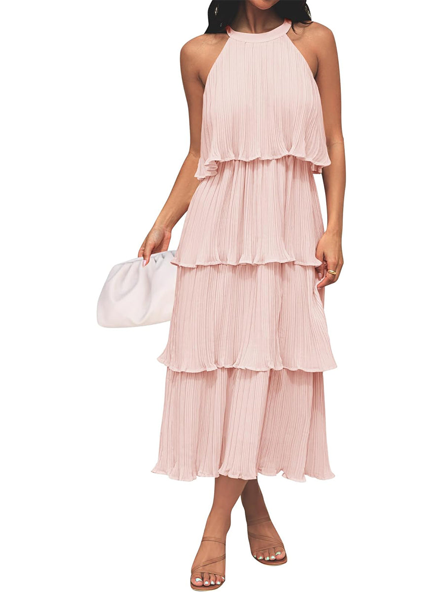 ⏰Hot Sale-Women's Summer Halter Neck Ruffle Tiered Layered Chiffon Flowy Swing Midi Dress