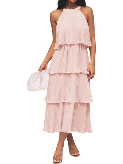 ⏰Hot Sale-Women's Summer Halter Neck Ruffle Tiered Layered Chiffon Flowy Swing Midi Dress