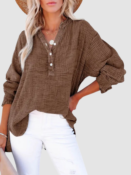 Womens Casual Gauze Button Neck Long Sleeve Oversized Blouses Tops