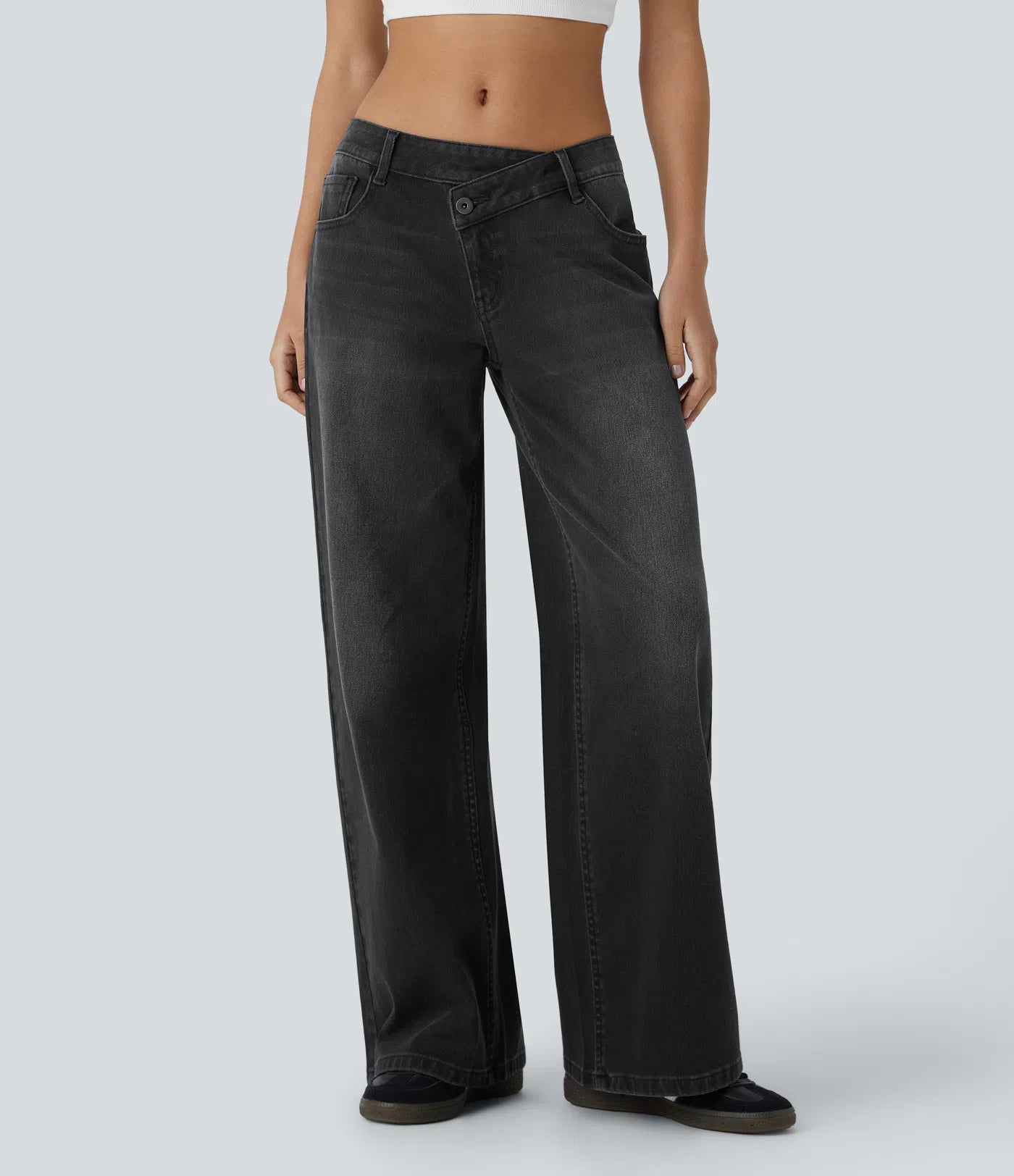 Asymmetric Low Rise Zipper Pockets Baggy Wide Leg Washed Casual Jeans