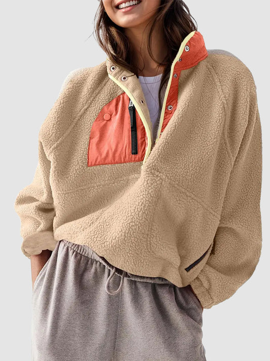 Women Color Block Half Snap Cropped Fleece Pullover Jacket