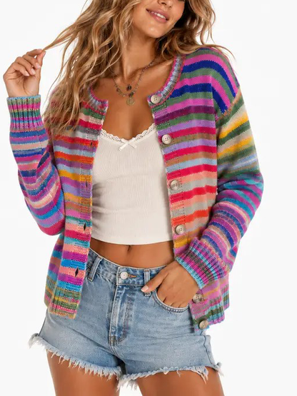 Women Sweet Casual Rainbow Stripe Open‑Front Long‑Sleeve Knit Cardigan