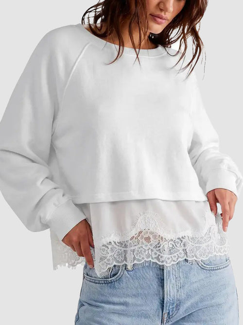 Women Oversized Pullover Sweatshirt with Lace Hem