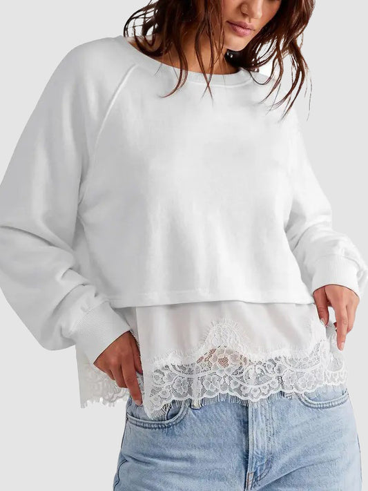 Women Oversized Pullover Sweatshirt with Lace Hem