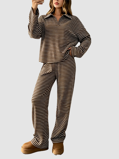 Women Striped V‑Neck Two‑Piece Casual Set