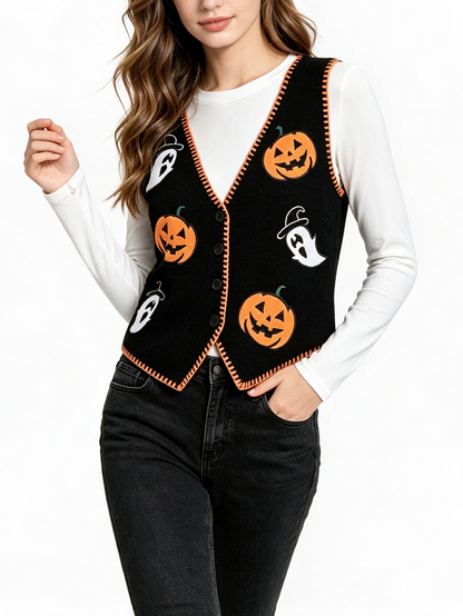 Women Knitted V‑Neck Pumpkin Ghost Print Contrast Binding Button Vest