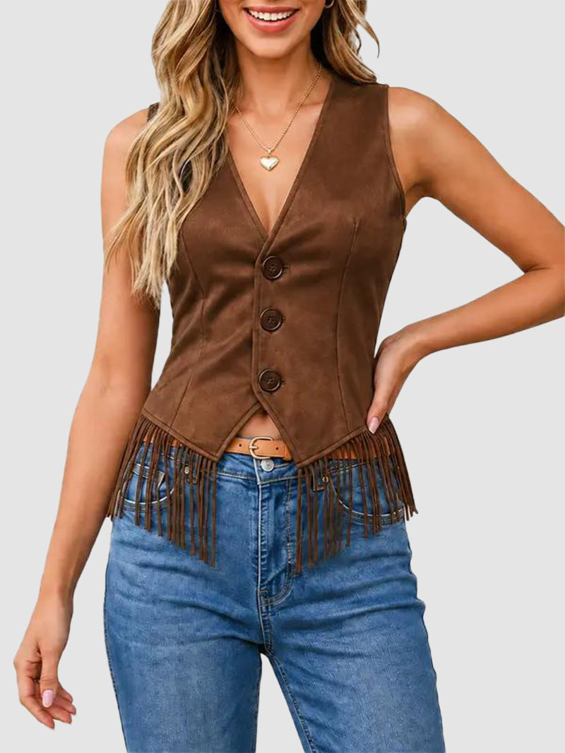 Women Western Fringe Hem V‑Neck Sleeveless Slim Vest