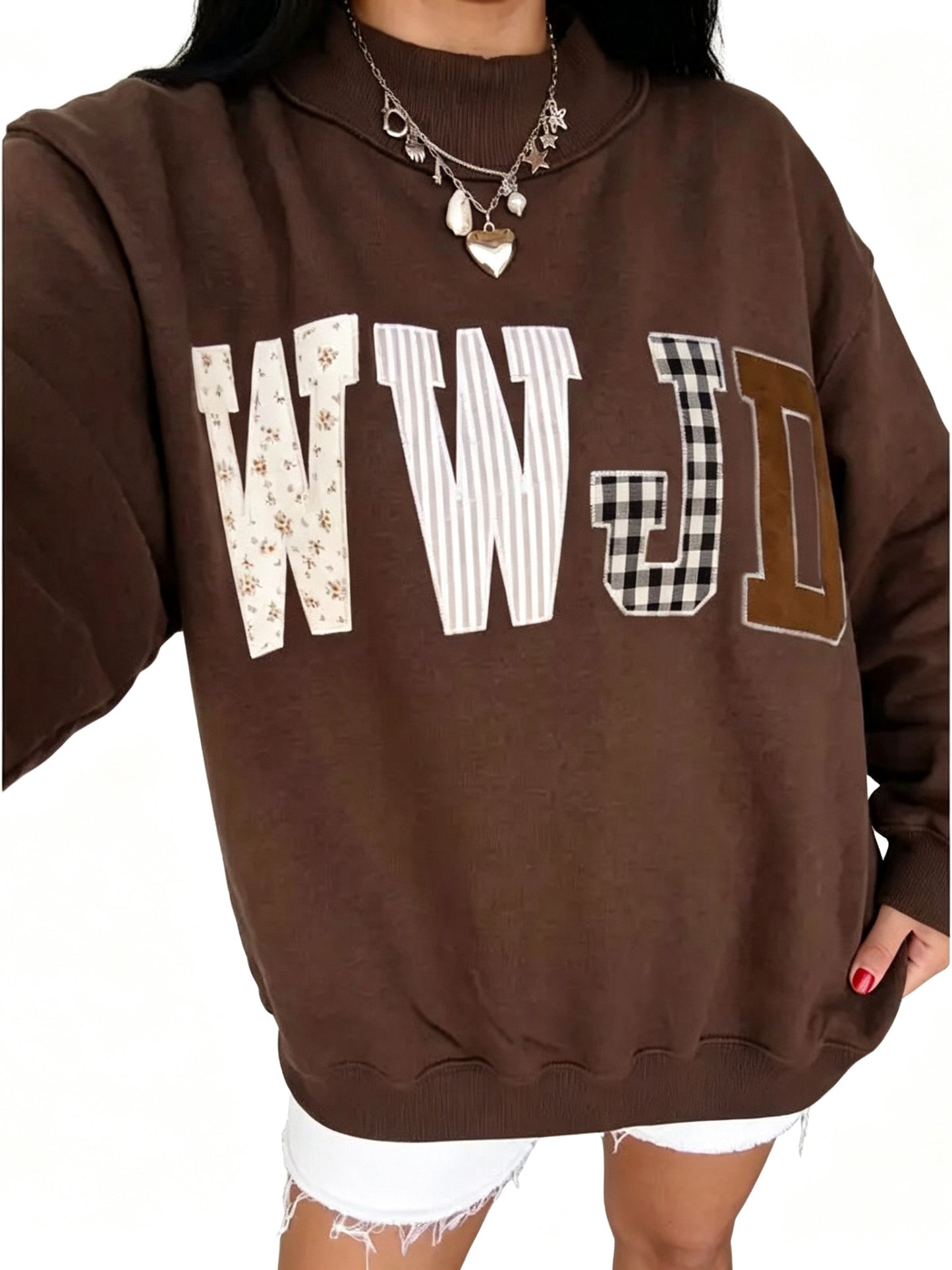 Women Mock Neck Applique Letter Pullover Sweatshirt
