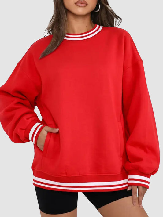 Women Retro Varsity Striped Trim Crew Neck Oversized Sweatshirt