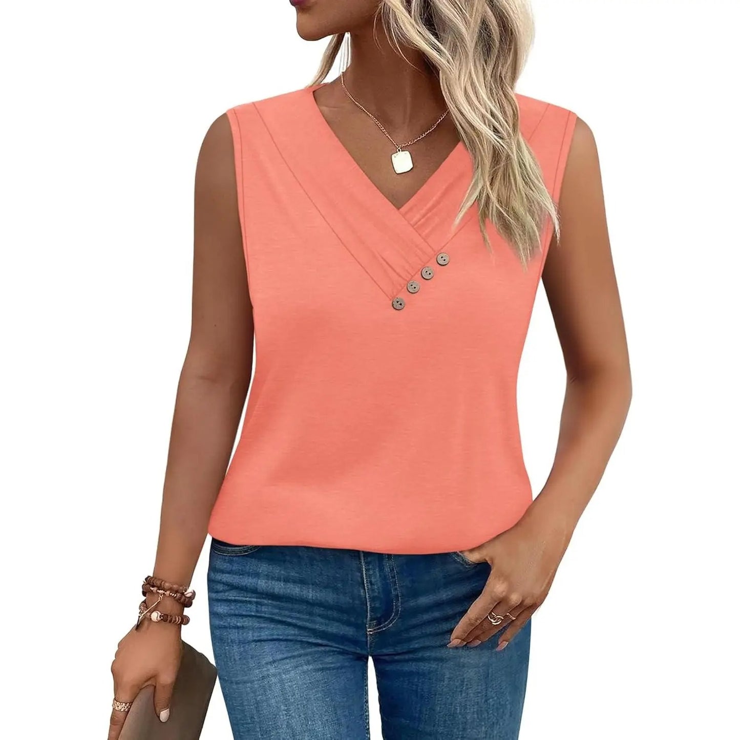 Women's V-Neck Sleeveless Button Tank Top