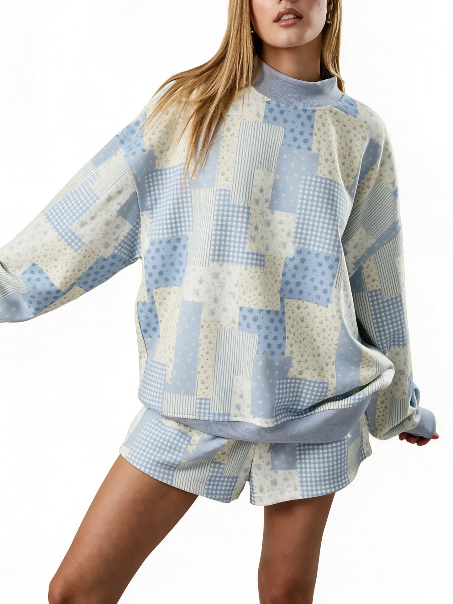 Women's Blue Patchwork Floral Print 2-Piece Loungewear Set